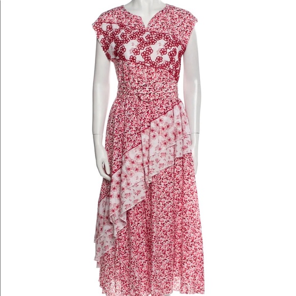 open lace back dress Pink Chiffon Illusion Neck Midi Dress With 3D Flowers